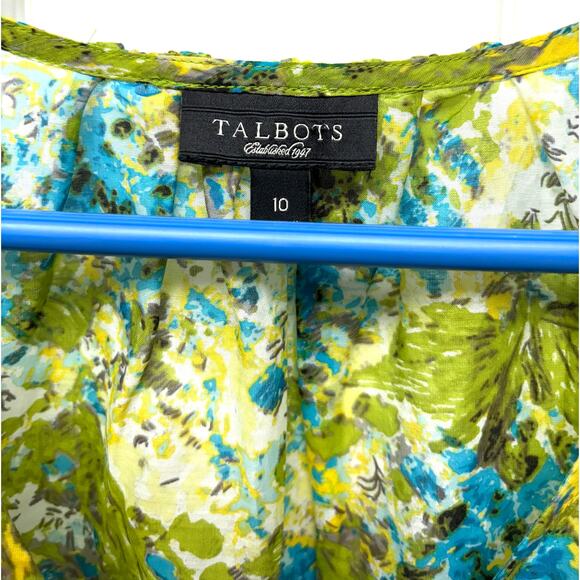 Talbots Green and Blue Floral Faux Wrap Blouse, Short Sleeves, Women's Size 10 - Picture 2 of 5